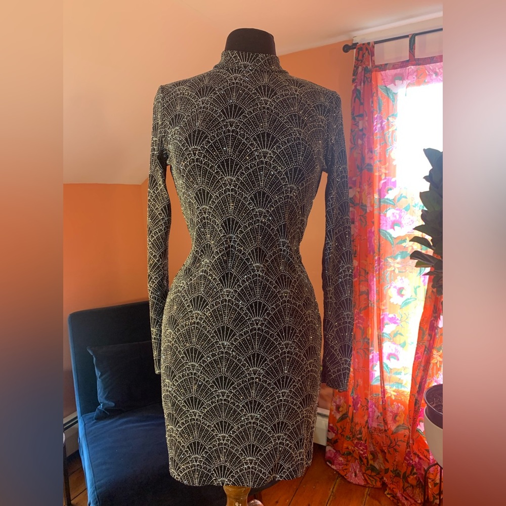 Art Deco, mock neck, long sleeve, backless, slinky, sparkle dress. New Years!
